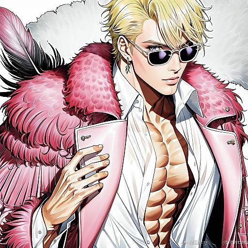 Illustration of Donquixote doflamingo, one piece in the style of Yukineko1018