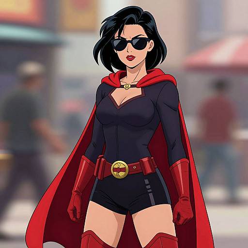 Digital drawing of a confident Black Widow-style woman with black hair, sunglasses, red cape, black outfit, red gloves, and boots. Urban background blurred