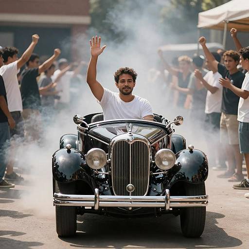 Man in Vintage Car Amid Cheers