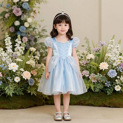 Photograph of a young Asian girl with black hair, wearing a light blue satin dress, white headband, and silver shoes, standing in front of
