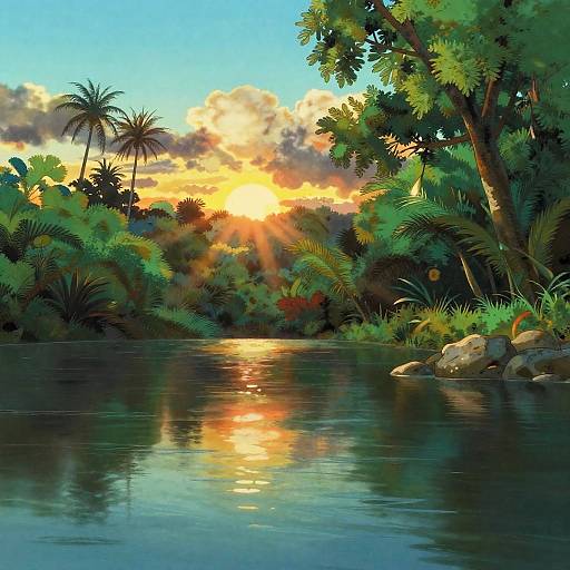 Wholesome Animated Malaysian Jungle River Sunset