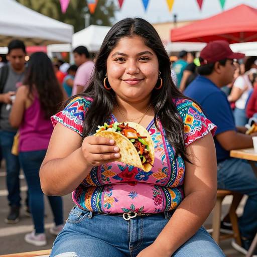 Photograph of a smiling, curvy Latina woman with long black hair, wearing a colorful floral shirt and blue jeans, eating a taco at an outdoor