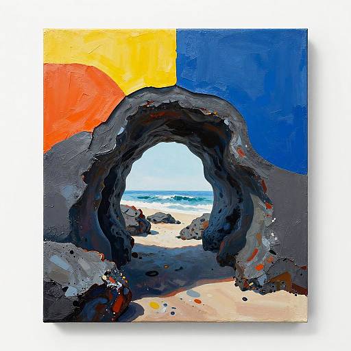 Vibrant oil painting of a rocky coastal archway, with a bright yellow sun, deep blue sky, and ocean waves in the background. Bold
