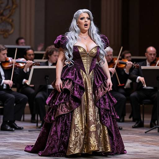 Photograph of a fair-skinned woman with long silver hair, wearing a deep purple and gold ornate gown, singing on stage, surrounded by string