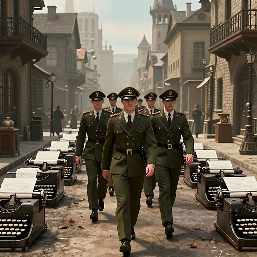 Photorealistic CGI of four uniformed soldiers in dark green military attire walking down a historic, cobblestone street lined with black typewriters.