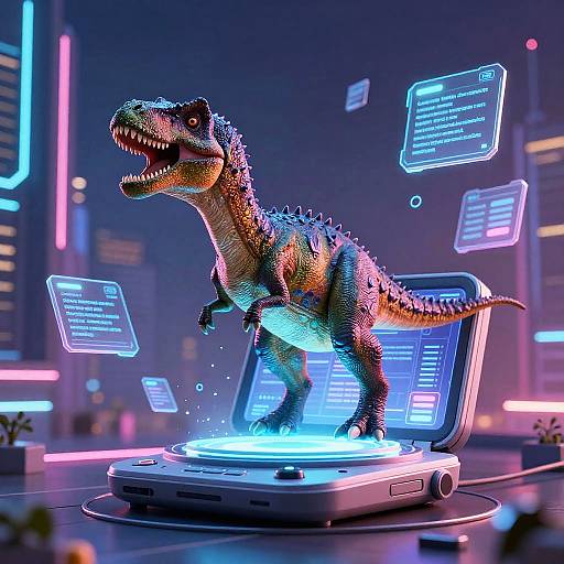 Digital CGI of a glowing, neon-colored, blue and orange dinosaur standing on a futuristic, illuminated laptop, surrounded by floating tech screens in a neon-l