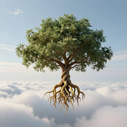 Photorealistic digital image of a floating tree with intricate, exposed roots, surrounded by fluffy white clouds against a clear blue sky.