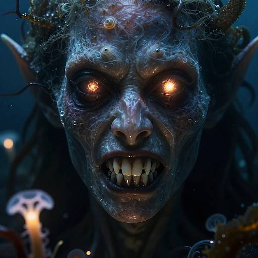 Digital CGI artwork of a terrifying, blue-skinned, glowing-eyed monster with sharp teeth, eerie tendrils, and dark, wet skin, set against