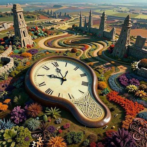 Digital artwork of a surreal, colorful garden with a giant, clock-shaped sundial at its center, surrounded by vibrant flowers and medieval stone towers.