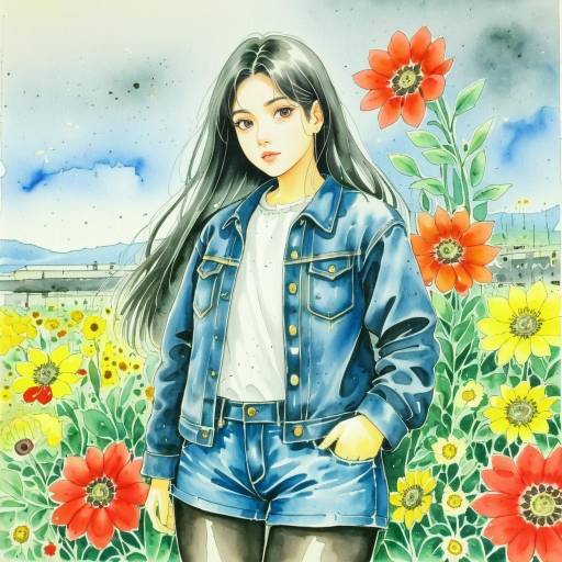 Girl in Denim Jacket Among Bright Flowers
