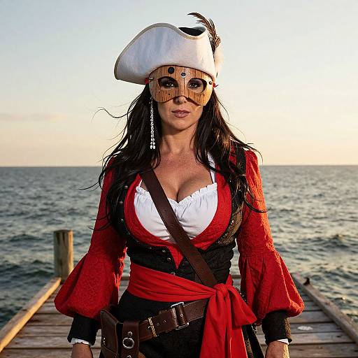 Photograph of a woman in a pirate costume with a white tricorn hat, red and white outfit, and brown belt, standing on a wooden pier