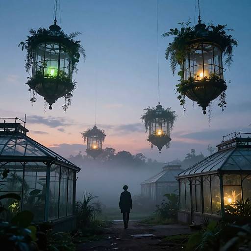 Photograph of a misty, twilight garden with three hanging lanterns, silhouetted man in center, surrounded by glass greenhouses, blue