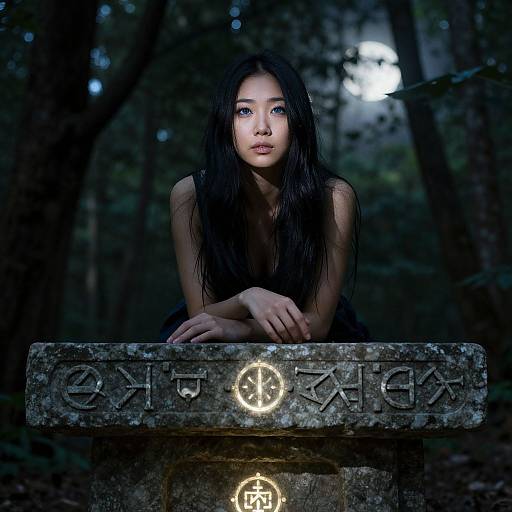 Photograph of a young Asian woman with long, wet black hair, gazing intently, leaning on an ancient stone slab with glowing runes in a