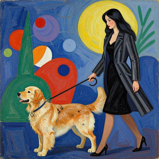 Digital painting of a black-haired woman in a black coat and dress, walking a golden retriever on a leash, against a vibrant blue, abstract background
