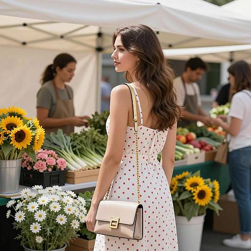 Market Scene with Stylish Woman Vendor
