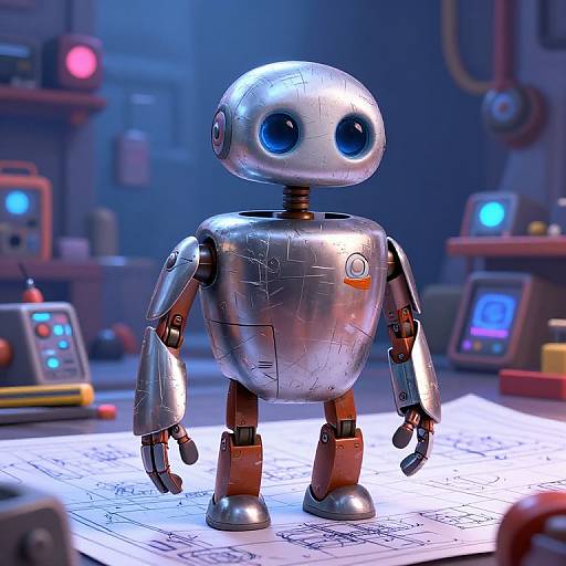 Photorealistic CGI of a shiny, silver robot with large blue eyes, standing on a illuminated blueprint in a futuristic, blue-lit lab.