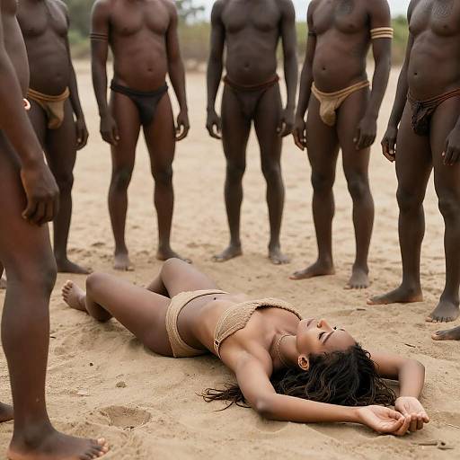 Woman Lying on Sand Surrounded by Tribal Men
