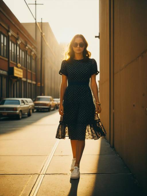 Woman Walking in Navy Mesh Overlay Dress