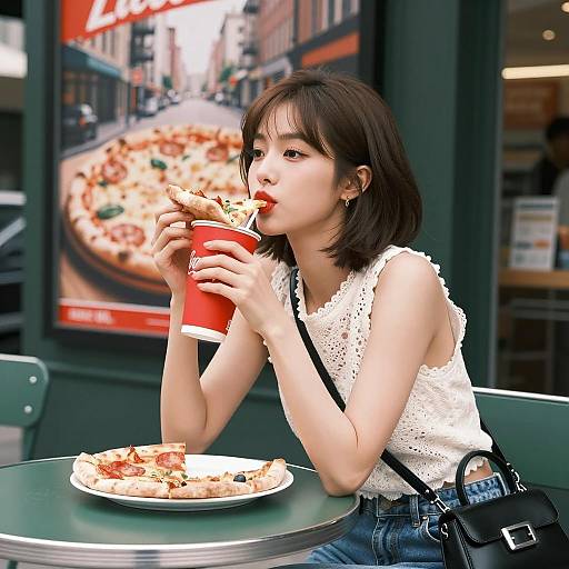 Urban Pizza Scene with Young Woman