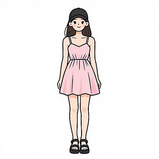 Digital drawing of a cute Asian girl with long black hair, wearing a pink sundress, black sandals, and a black cap, standing against a white