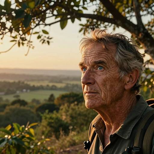 Photograph of an elderly man with weathered skin, blue eyes, and gray hair, gazing at a sunset over a lush, rolling countryside.