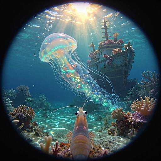 Photograph of a sunlit underwater scene with a jellyfish floating near a shipwreck, coral reefs, and a fish in the foreground. Seen