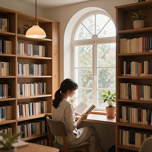 Photograph of a woman with black hair in a ponytail, reading a book in a sunlit library with wooden bookshelves and a large ar