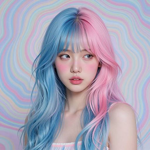 Digital portrait of an Asian woman with long, pastel blue and pink hair, set against a swirling, colorful background. Her expression is neutral, with