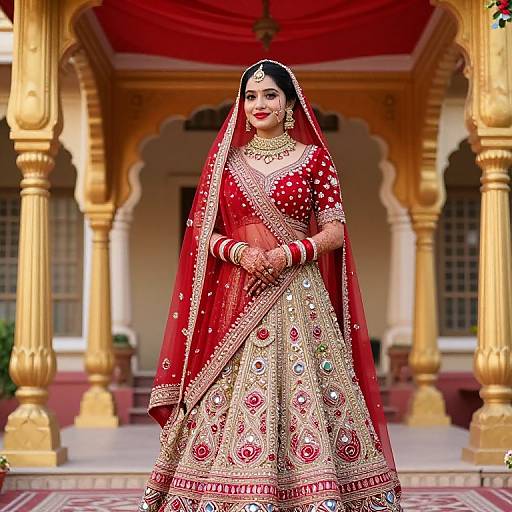 Photograph of a beautiful Indian bride in a red and gold embroidered lehenga, veil, and jewelry, standing under a red canopy in a golden arch