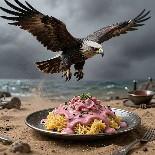 Photograph of a fierce eagle with outstretched wings hovering over a plate of fettuccine Alfredo with pink sauce on a stormy beach