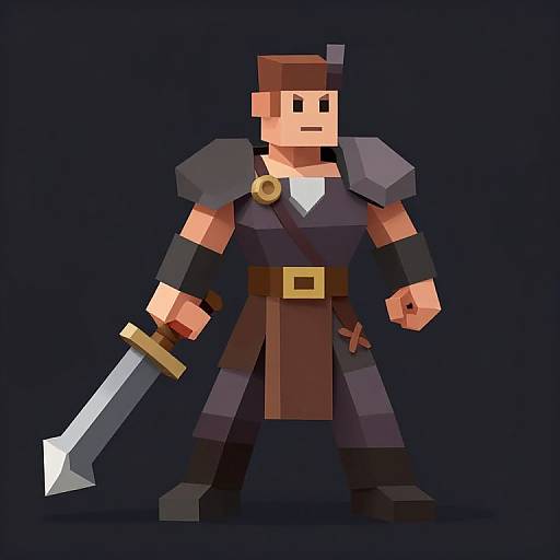 Pixel art of a muscular, brown-haired warrior with black armor, white chest, brown tunic, holding a large sword, dark background.
