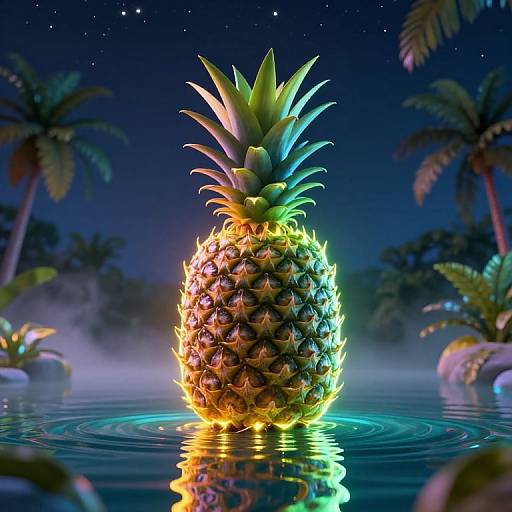Photorealistic CGI of a glowing pineapple floating in a starry night pool, surrounded by palm trees, with ripples and reflections.