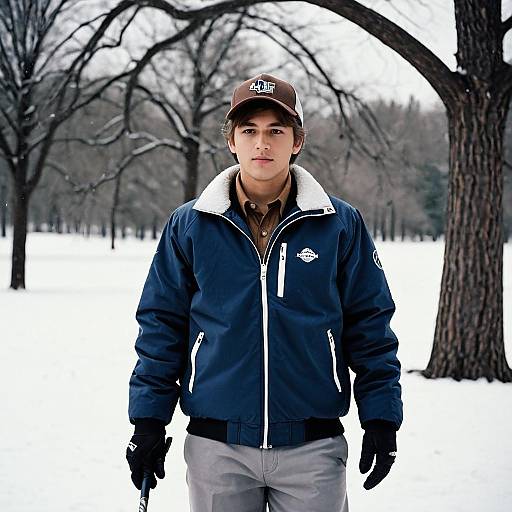 Young Man in Winter Golf Outfit in Snowy Park