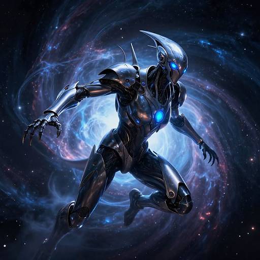 Digital artwork of a glowing, blue-eyed, black metallic humanoid cyborg with sharp features, hovering in a swirling, cosmic galaxy background.
