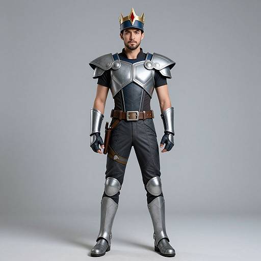 Photograph of a bearded man in medieval-style armor with a silver crown, black shirt, and pants, standing against a plain grey background.