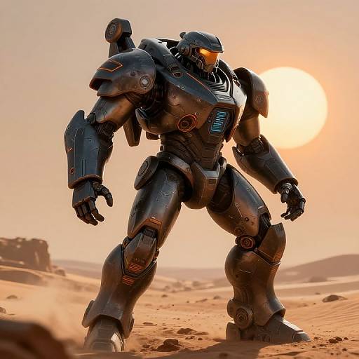 Photorealistic CGI of a muscular, black, futuristic armored warrior with glowing eyes, standing in a sunlit, desert landscape.