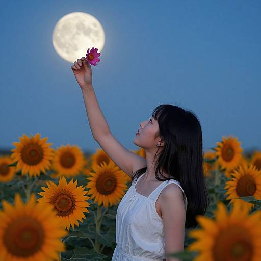 Asian woman with black hair in white dress, holding pink flower, gazes at full moon over sunflower field, twilight sky.