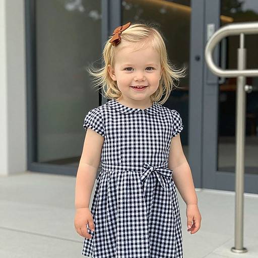 Photograph of a blonde, smiling toddler girl with a red bow, wearing a black-and-white checkered dress, standing outside near a modern glass building