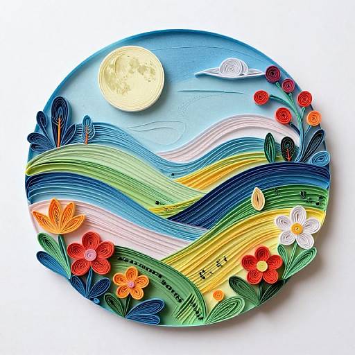 Vibrant circular painting of swirling blue, green, and yellow waves, adorned with red, orange, and white flowers, under a full moon and