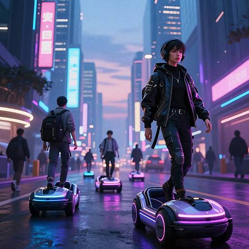 Cyberpunk city street at dusk: Neon lights illuminate futuristic hoverboards ridden by young men in dark jackets and backpacks. Rain reflects on wet pavement