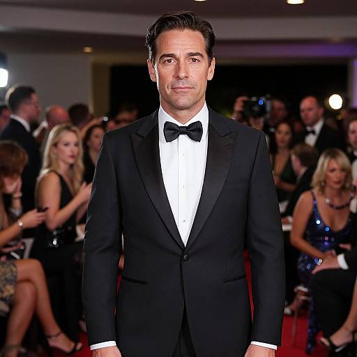 Photograph of a handsome man with dark hair in a black tuxedo and bow tie, standing at a glamorous red carpet event, surrounded by eleg