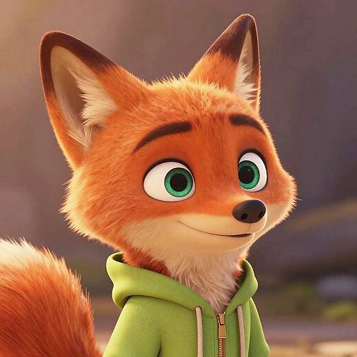 CGI image of a cute, anthropomorphic red fox with green eyes, wearing a green hoodie, smiling softly with a blurred outdoor background.