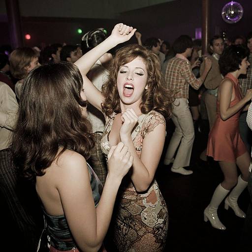 Photograph of a lively nightclub scene: a brown-haired woman in a lace dress joyfully dancing with a dark-haired woman in a strapless top,