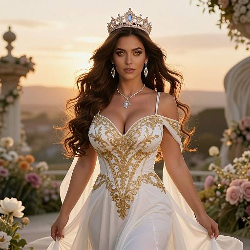 Photograph of a stunning woman with long, wavy brown hair, wearing a white, off-shoulder, gold-embellished gown,