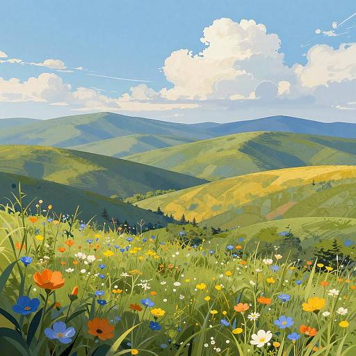 Vibrant Illustrated Rolling Hills Landscape