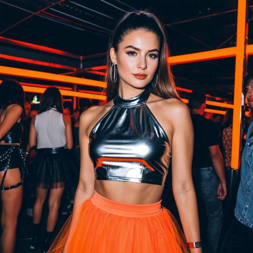 Woman in Metallic Crop Top and Neon Orange Skirt at Club