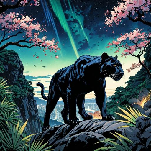 Black Panther on Rocky Promontory with Aurora and Cherry Blossoms