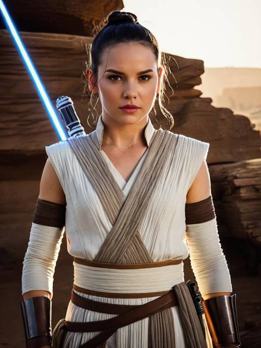 Woman Cosplaying as Rey from Star Wars with Lightsaber