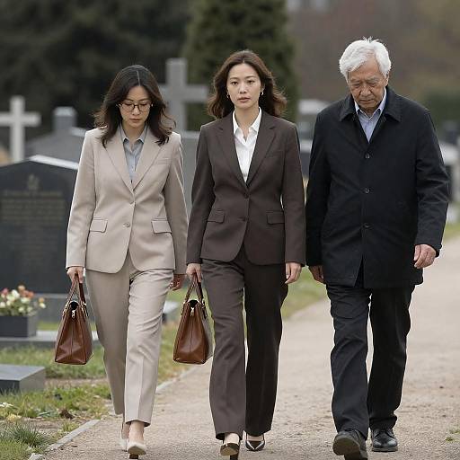 Three Walkers in a Serene Cemetery