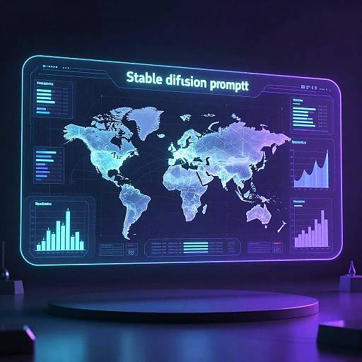 Digital CGI image of a glowing, neon-blue world map display showing global data trends with bar graphs and labels, labeled 